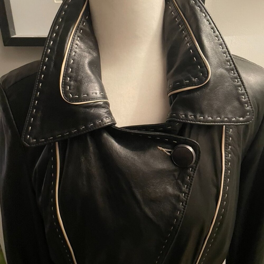 BURBERRY LAMBSKIN LEATHER TRENCH COAT w/contrast tan stitch and leather- rare